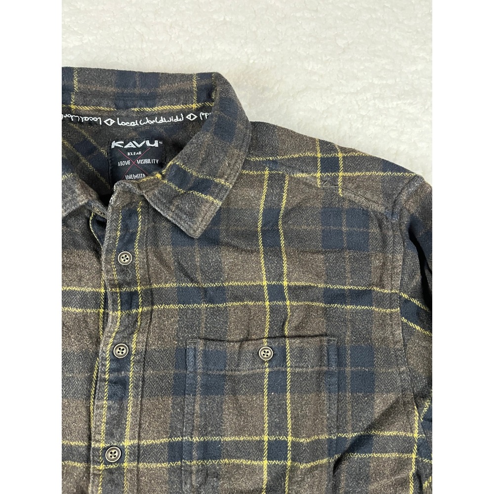 KAVU KLEAR Flannel‎ Shirt Men's XXL Brown Yellow Plaid Long Sleeve Button Up